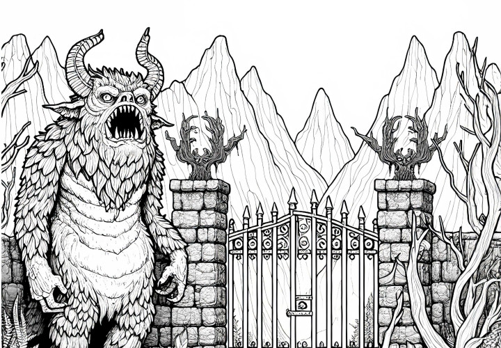Monster bewacht Tor zu verborgener Welt: Malvorlage zum Herunterladen (Gratis)