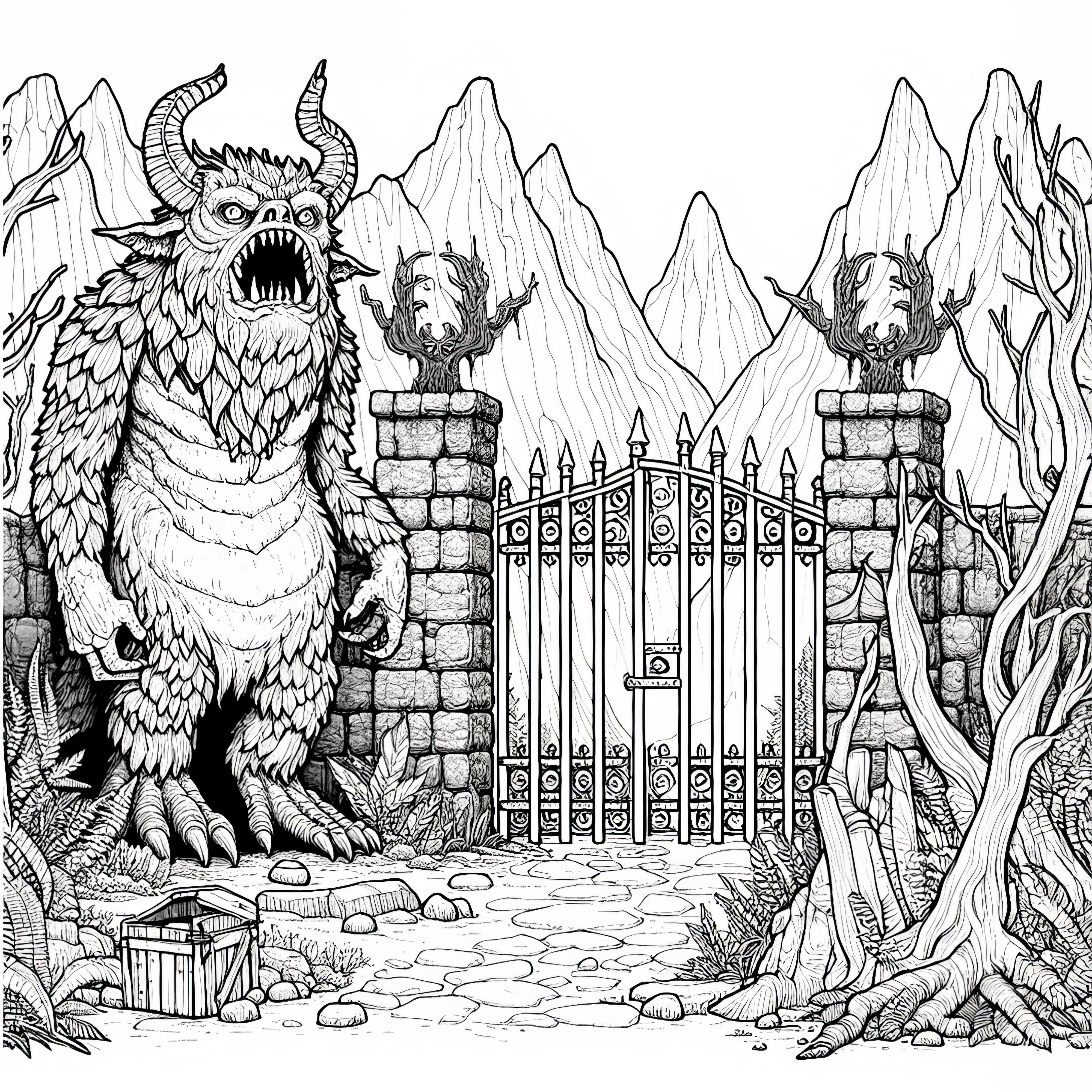 Monster bewacht Tor zu verborgener Welt: Malvorlage zum Herunterladen (Gratis)