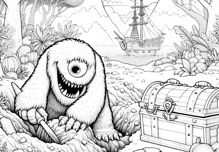 Monster gräbt Loch, um Schatz zu verstecken: Detailreiches Ausmalbild (Gratis)