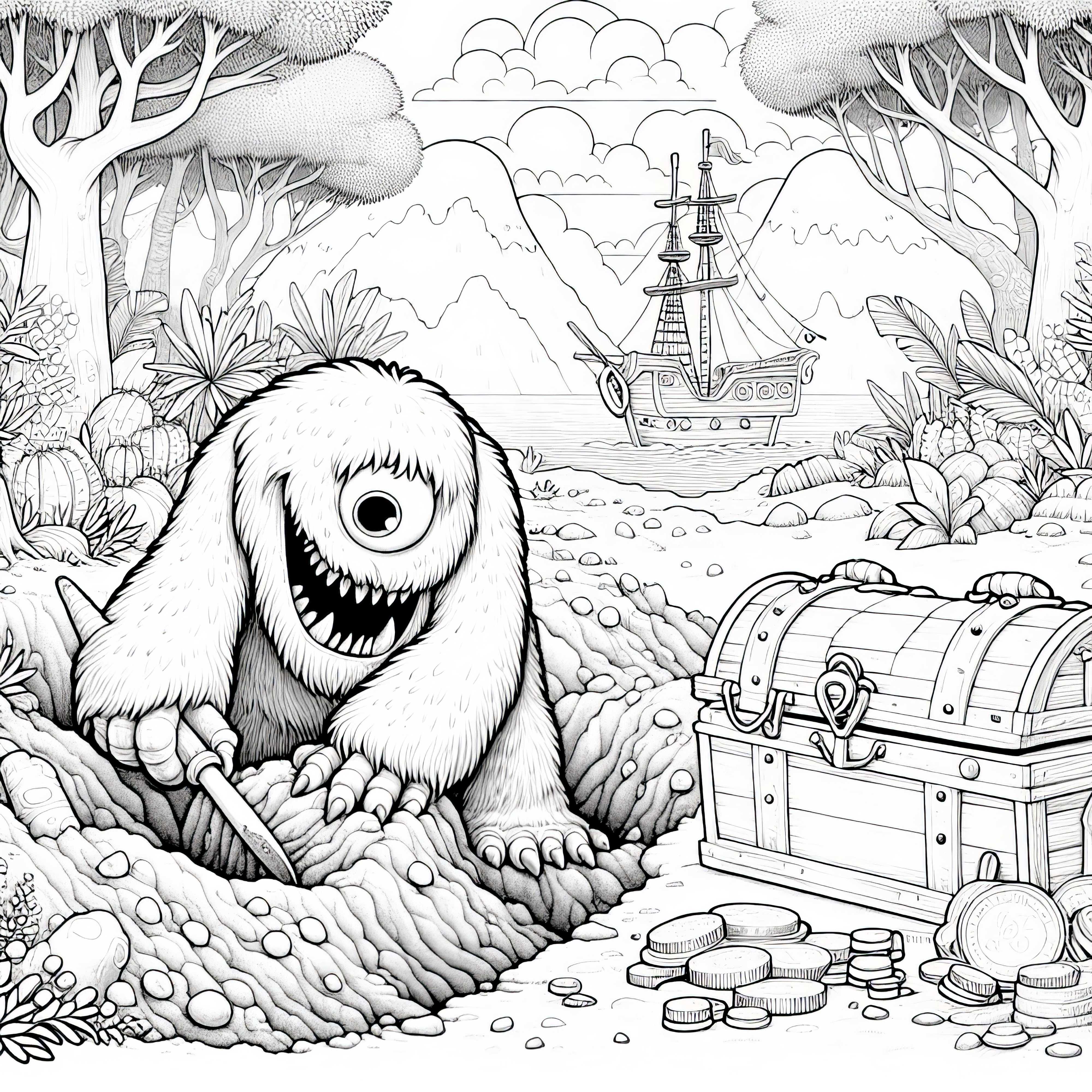 Monster gräbt Loch, um Schatz zu verstecken: Detailreiches Ausmalbild (Gratis)