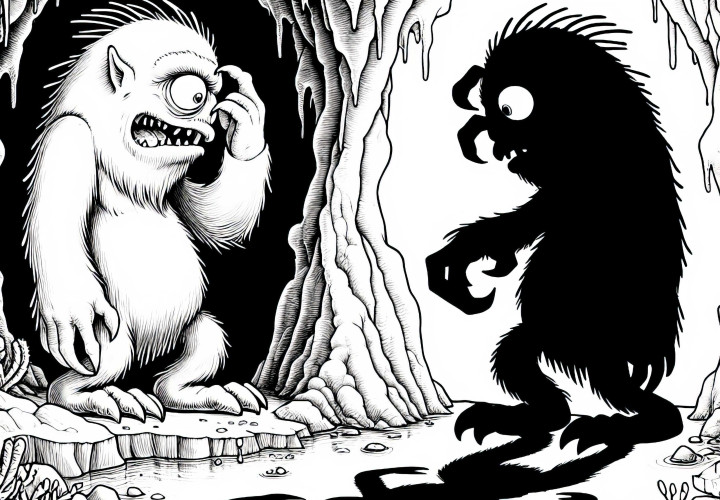 Monster beobachtet eigenen Schatten in einer Höhle: Detailliere Malvorlage (Kostenlos)