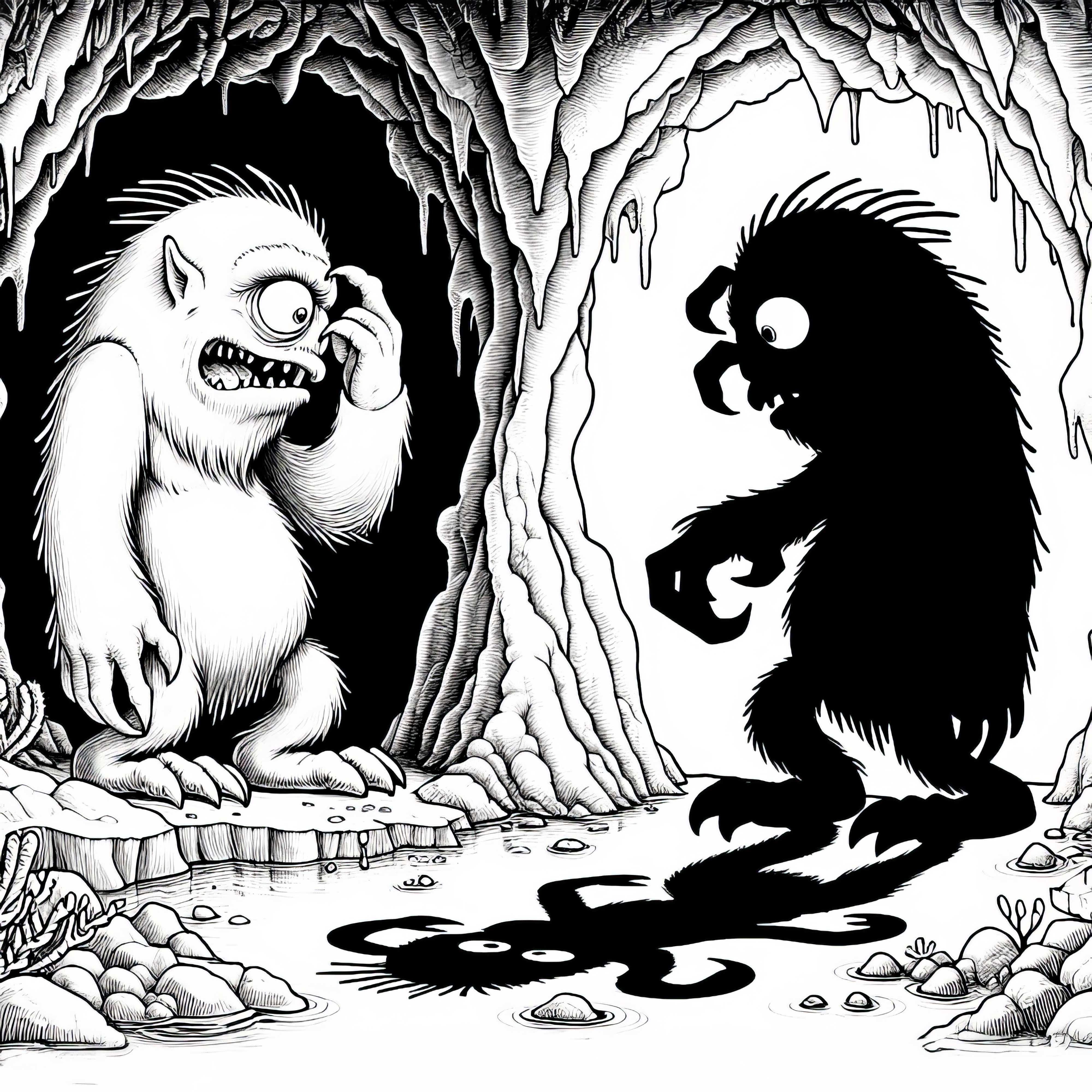 Monster beobachtet eigenen Schatten in einer Höhle: Detailliere Malvorlage (Kostenlos)