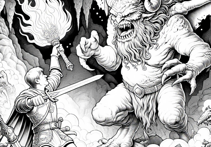 Monster kämpft gegen Helden, der eine Fackel hält: Malvorlage zum Herunterladen (Kostenlos)