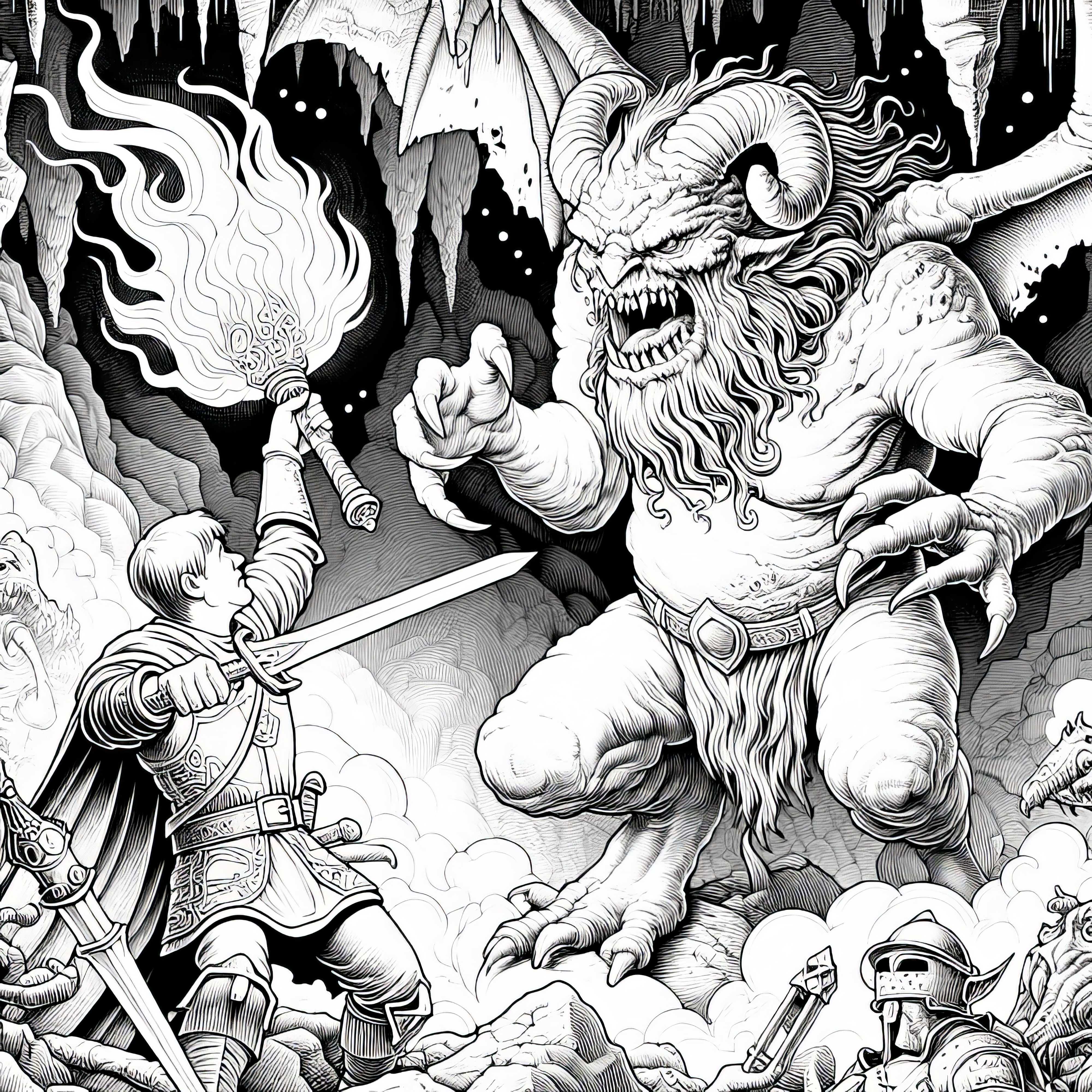 Monster kämpft gegen Helden, der eine Fackel hält: Malvorlage zum Herunterladen (Kostenlos)