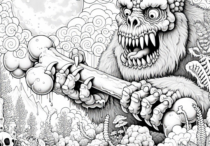 Monster spielt mit riesigem Knochen als Spielzeug: Realistisches Ausmalbild (Kostenlos)