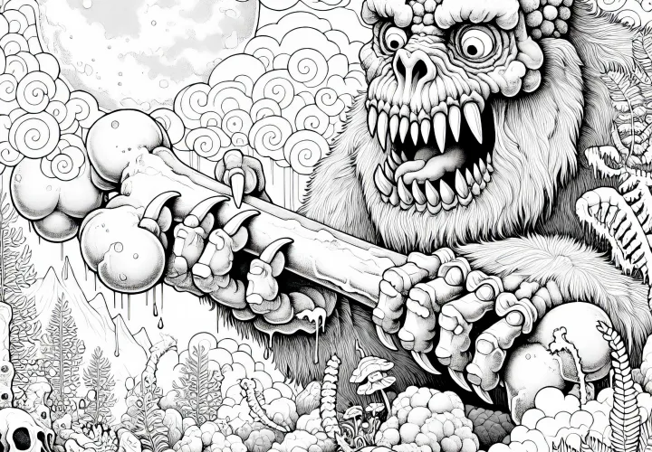 Monster sa hrá s obrovskou kosťou ako hračkou: Realistický omaľovánka (Zadarmo)