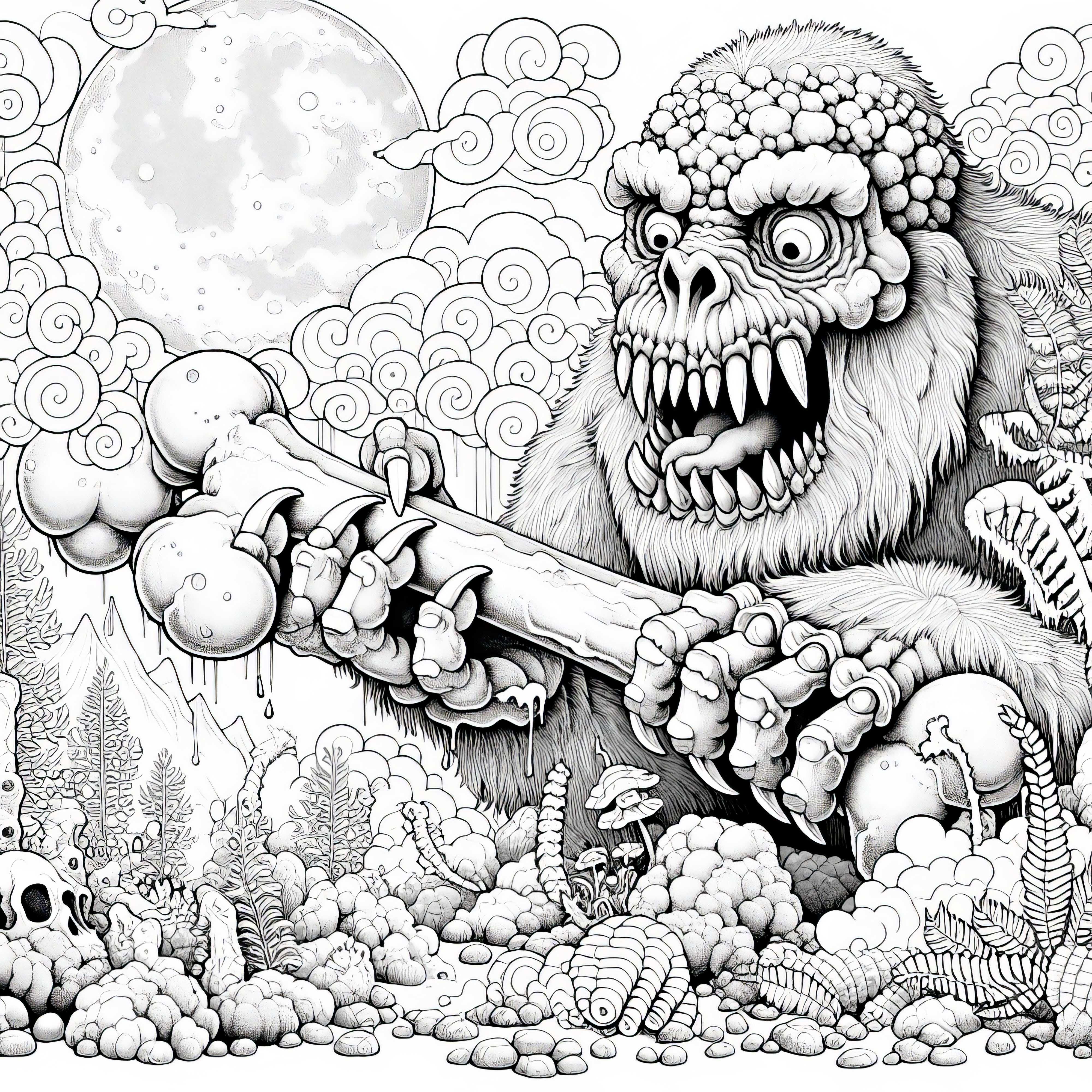 Monster spielt mit riesigem Knochen als Spielzeug: Realistisches Ausmalbild (Kostenlos)
