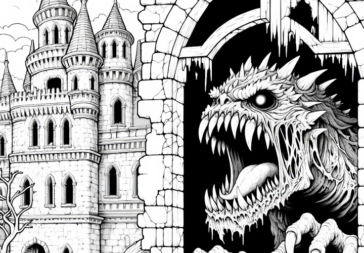 Monster versteckt sich in verlassenem Schloss und brüllt aus Fenster: Detaillierte Malvorlage (Gratis)
