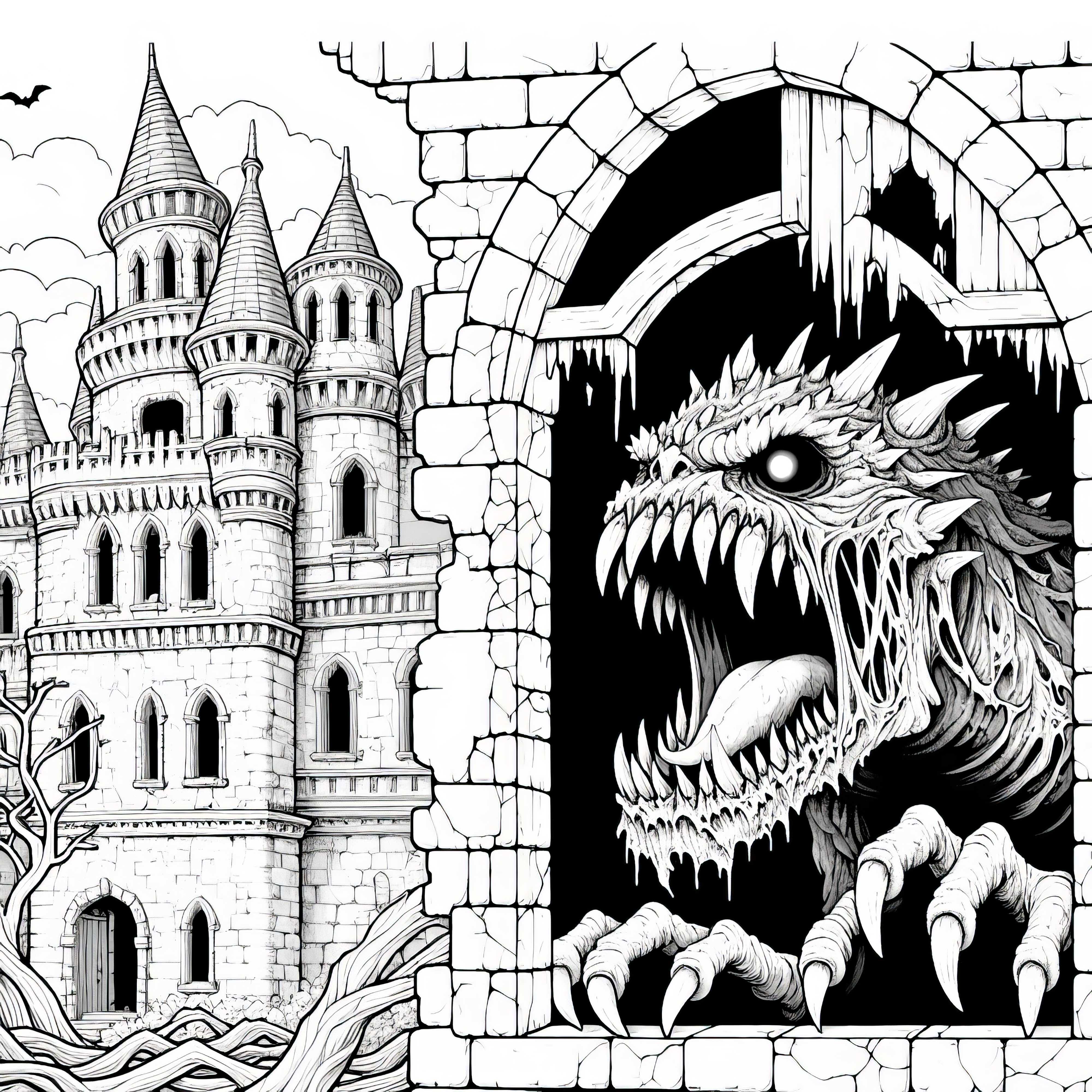 Monster versteckt sich in verlassenem Schloss und brüllt aus Fenster: Detaillierte Malvorlage (Gratis)