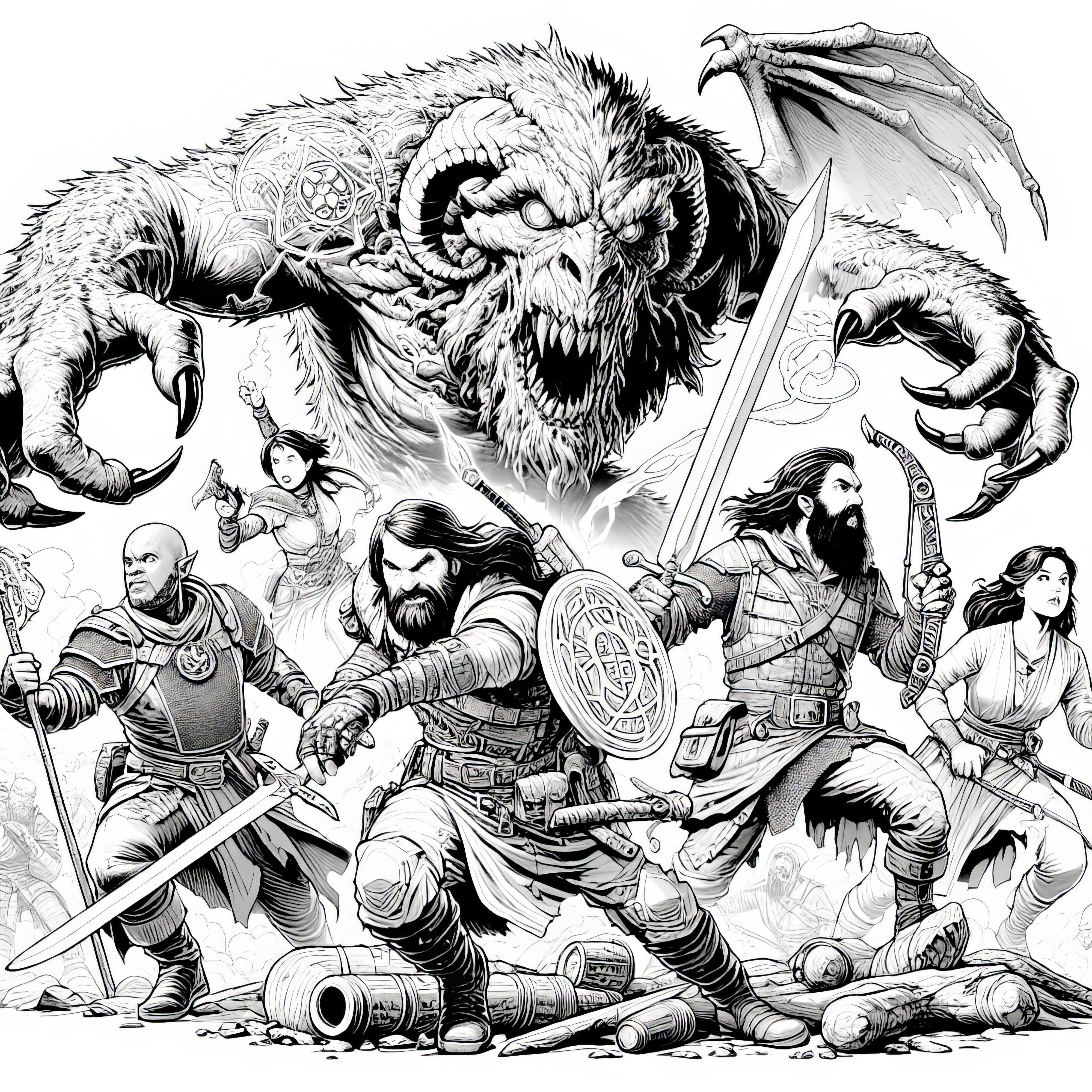Monster kämpft gegen eine Gruppe von Kämpfern: Ausmalbild zum Download (Gratis)