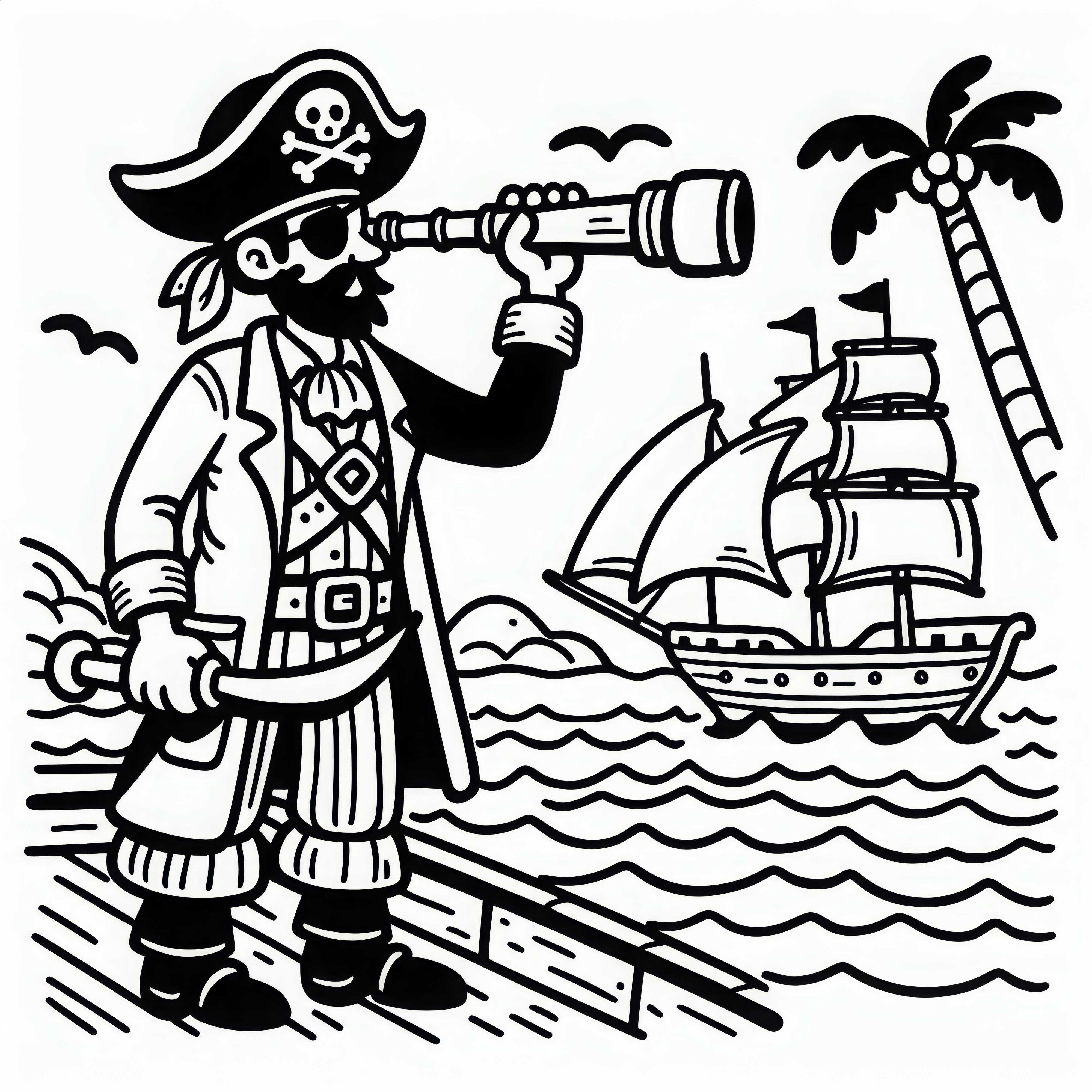 Pirate avec un télescope sur le pont scrute l'île comme modèle de coloriage (Gratuit)