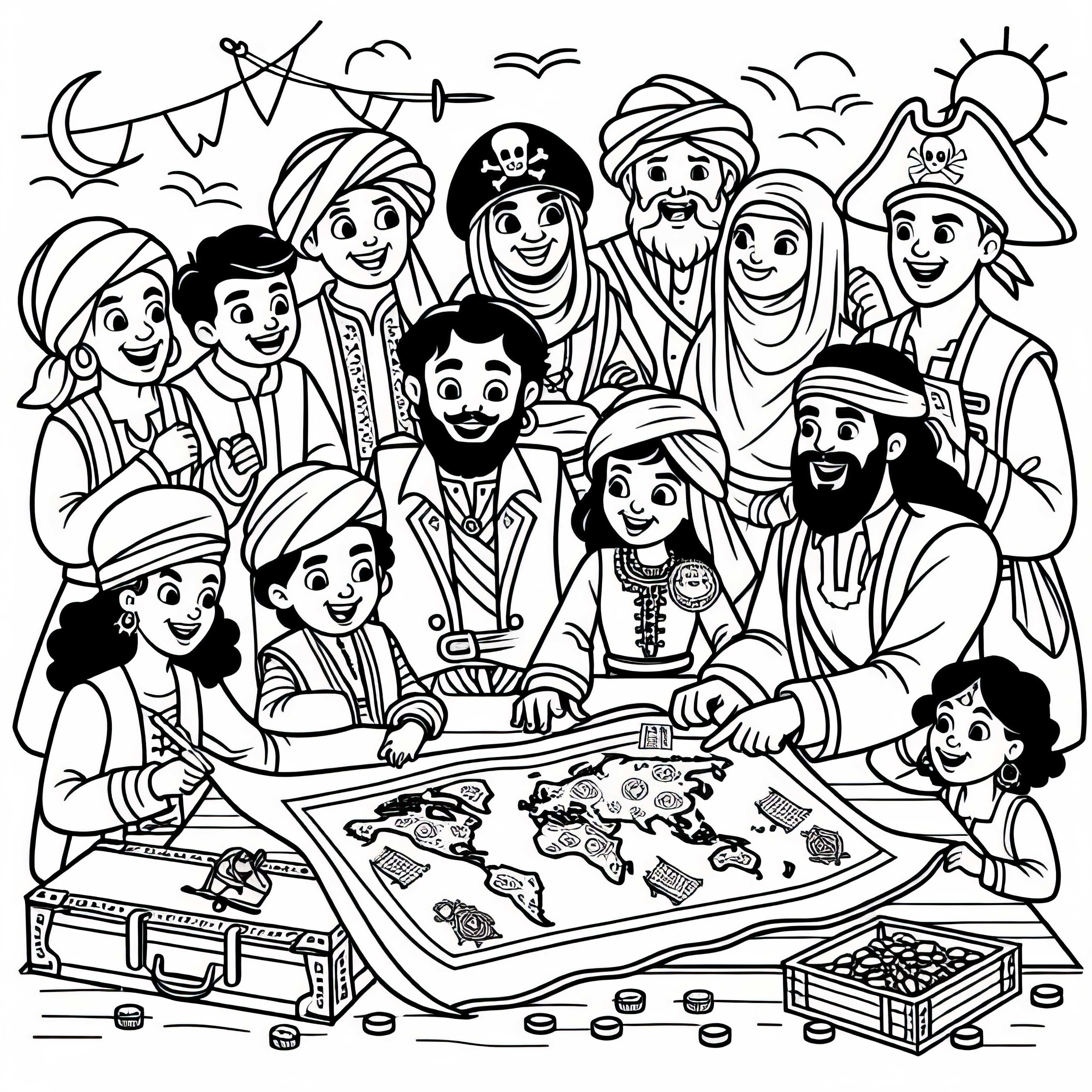 Pirates place treasure map on table and plan trip as coloring page (Free)