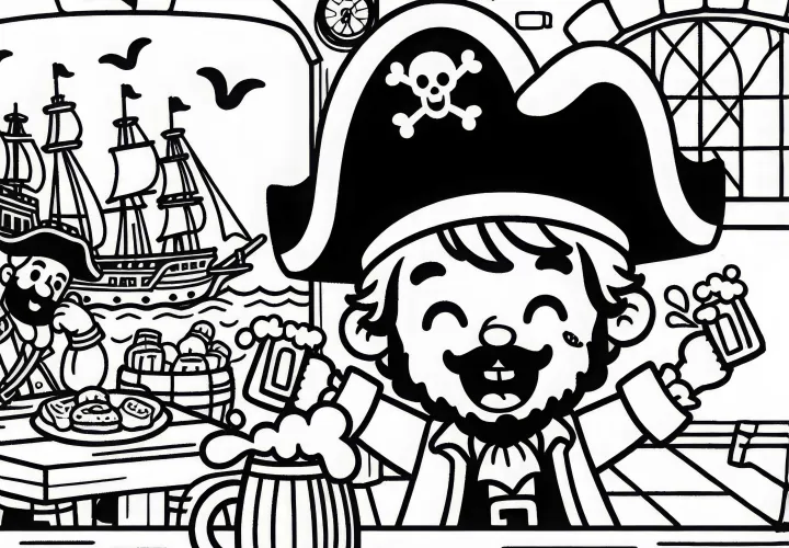 Piráti slaví v přístavní taverně s rumovým hrnkem v ruce: Jednoduchý omalovánkový obrázek (zdarma)