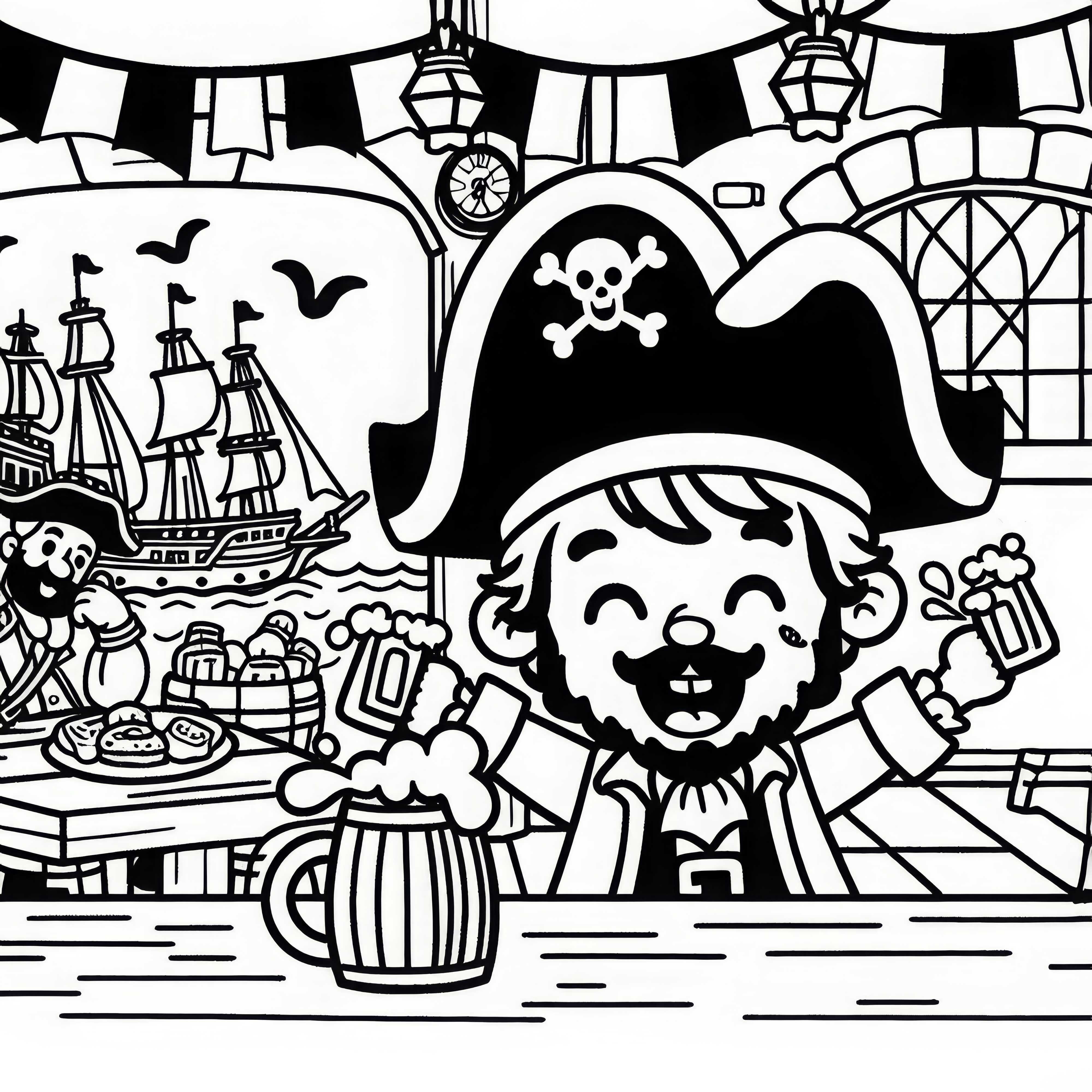 Pirata celebra na taverna do porto com caneca de rum na mão: Desenho para colorir simples (Grátis)