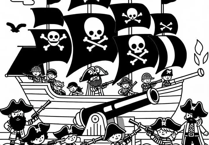 Piráti brání své loď proti útočníkům: Jednoduchá omalovánka (zdarma)