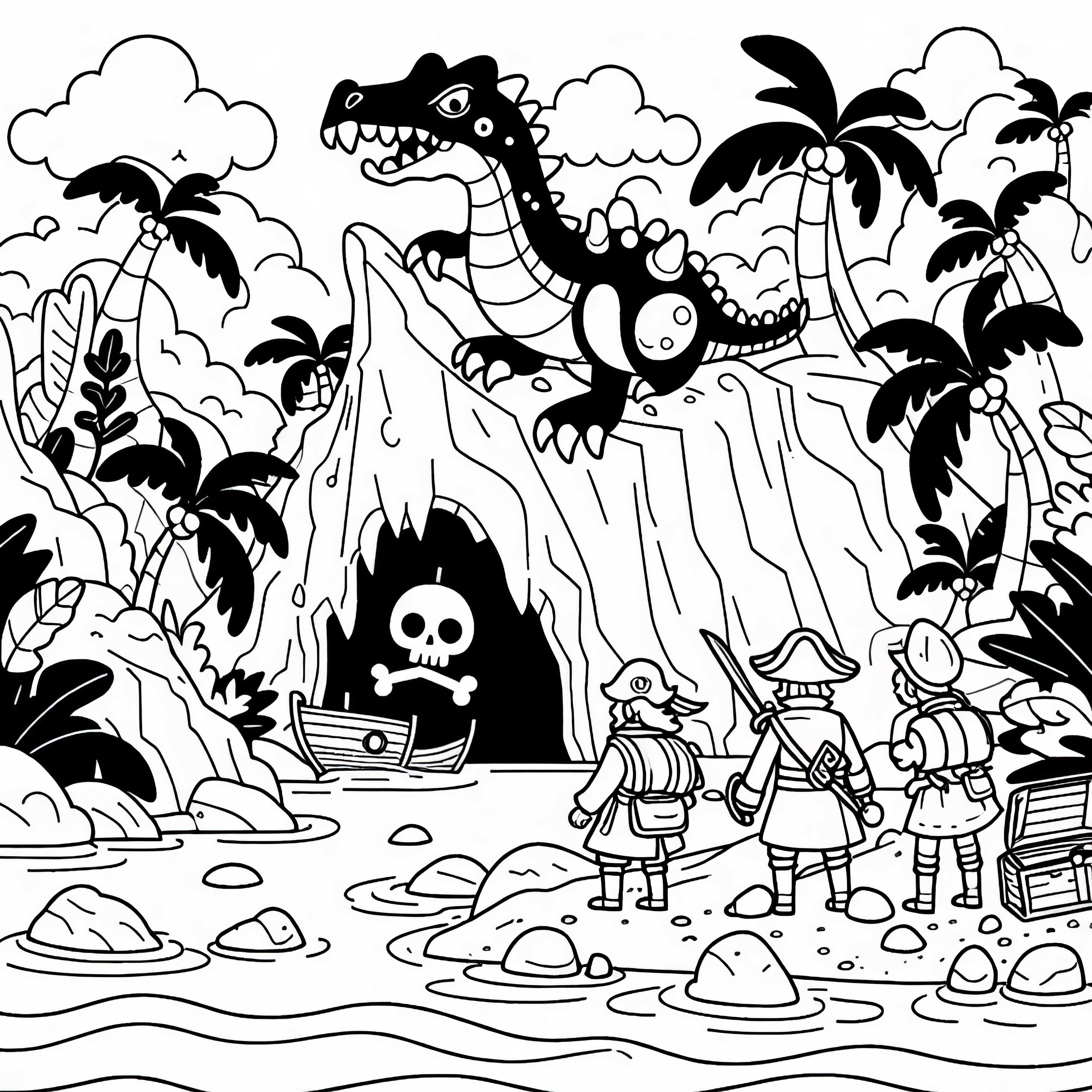 Pirates discover mysterious cave on island: Free coloring template