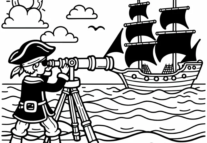 Piráti pozorují nepřátelskou loď přes dalekohled: Vybarvovací obrázek ke stažení (zdarma)