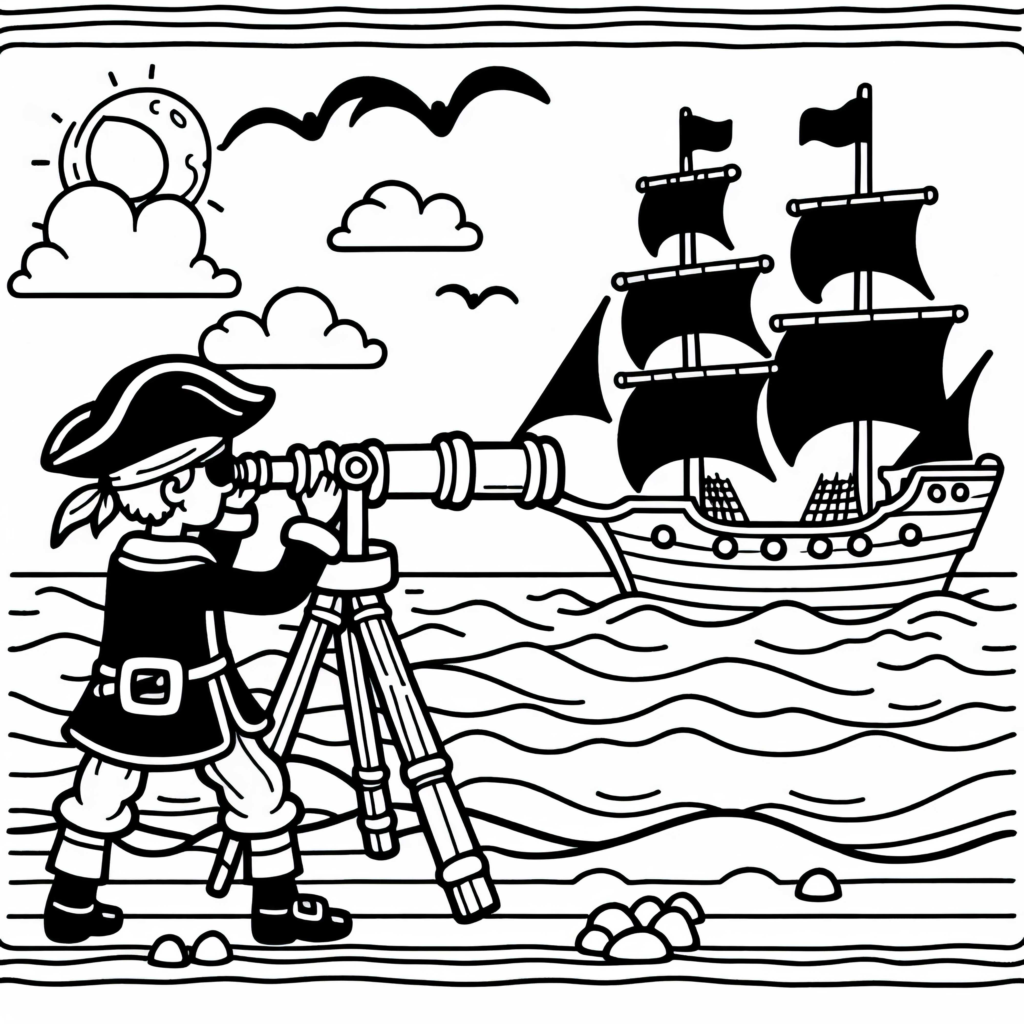 Pirate watching enemy ship through telescope: Coloring page for download (Free)