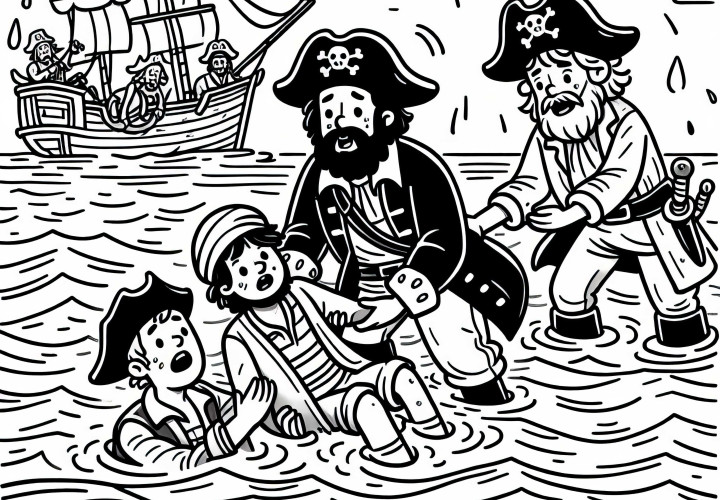 Piraten retten Schiffbrüchige aus dem Meer: Kostenloses Ausmalbild Piraten retten Schiffbrüchige aus dem Meer: Kostenloses Ausmalbild