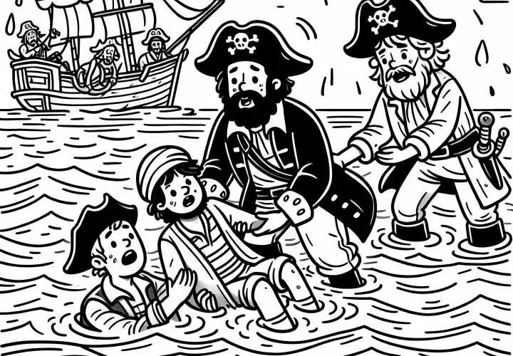 Piráti zachraňujú trosečníkov z mora: obrázok na vyfarbenie zdarma