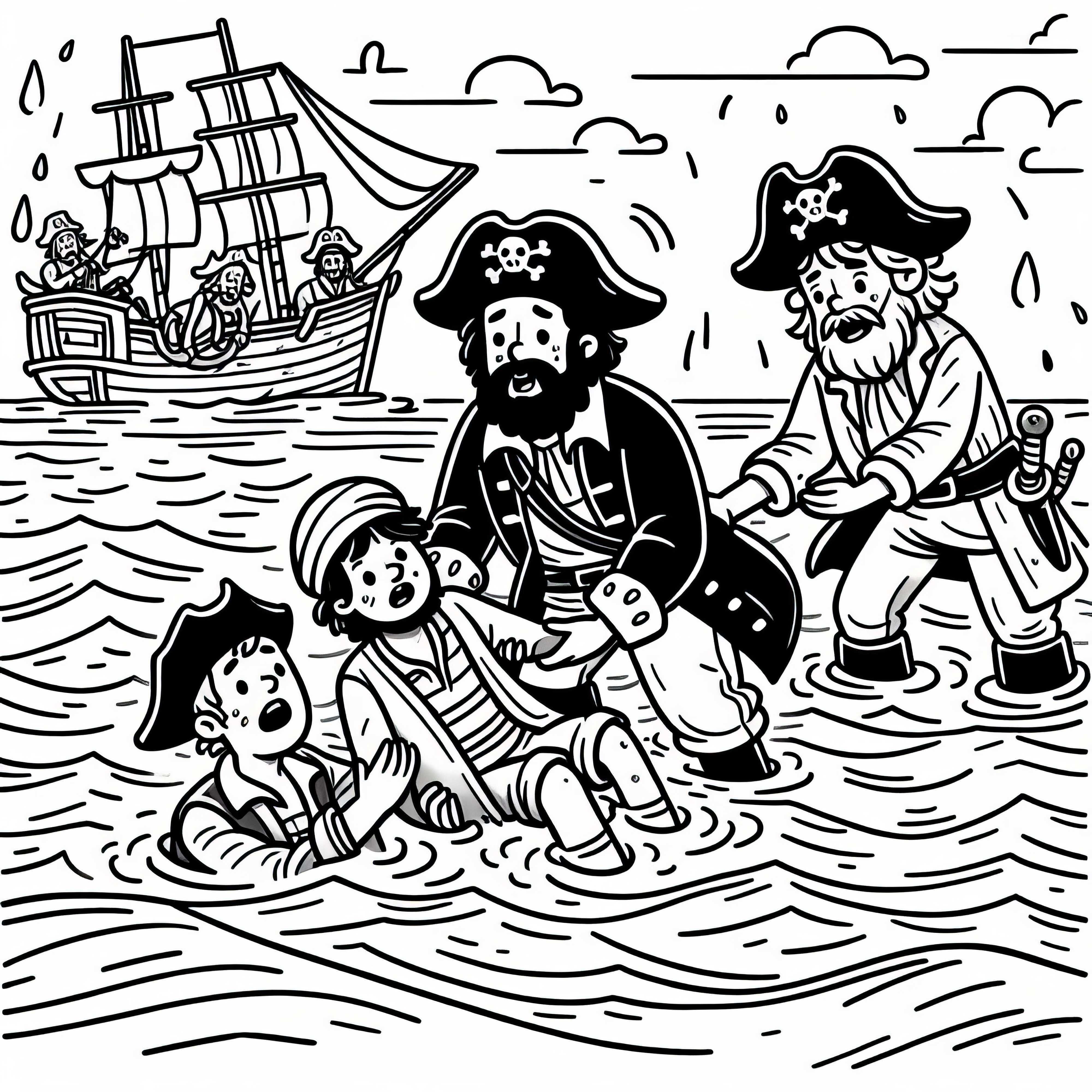 Piraten retten Schiffbrüchige aus dem Meer: Kostenloses Ausmalbild