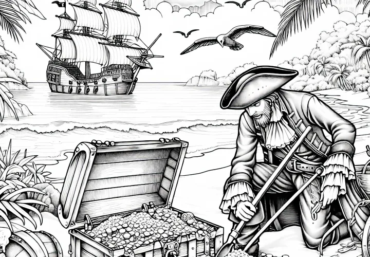 Pirát hľadá poklad na opustenom ostrove: obrázok na vyfarbenie na stiahnutie (zdarma)