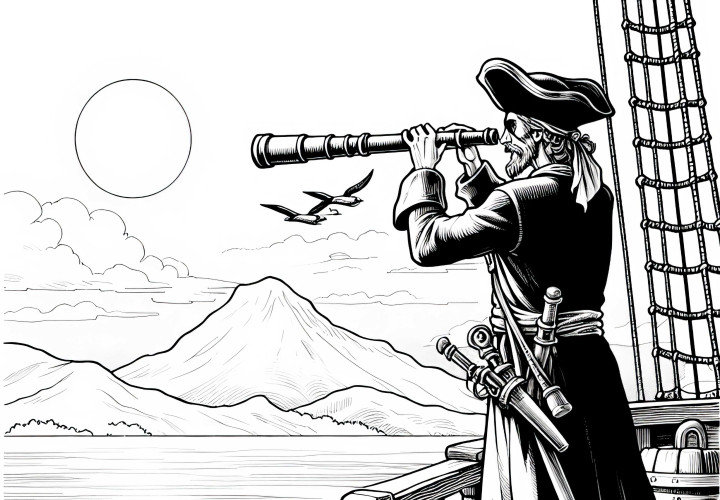 Ein Pirat steht mit Fernrohr auf einem Schiff und sucht nach einer Insel als Malvorlage (Kostenlos)