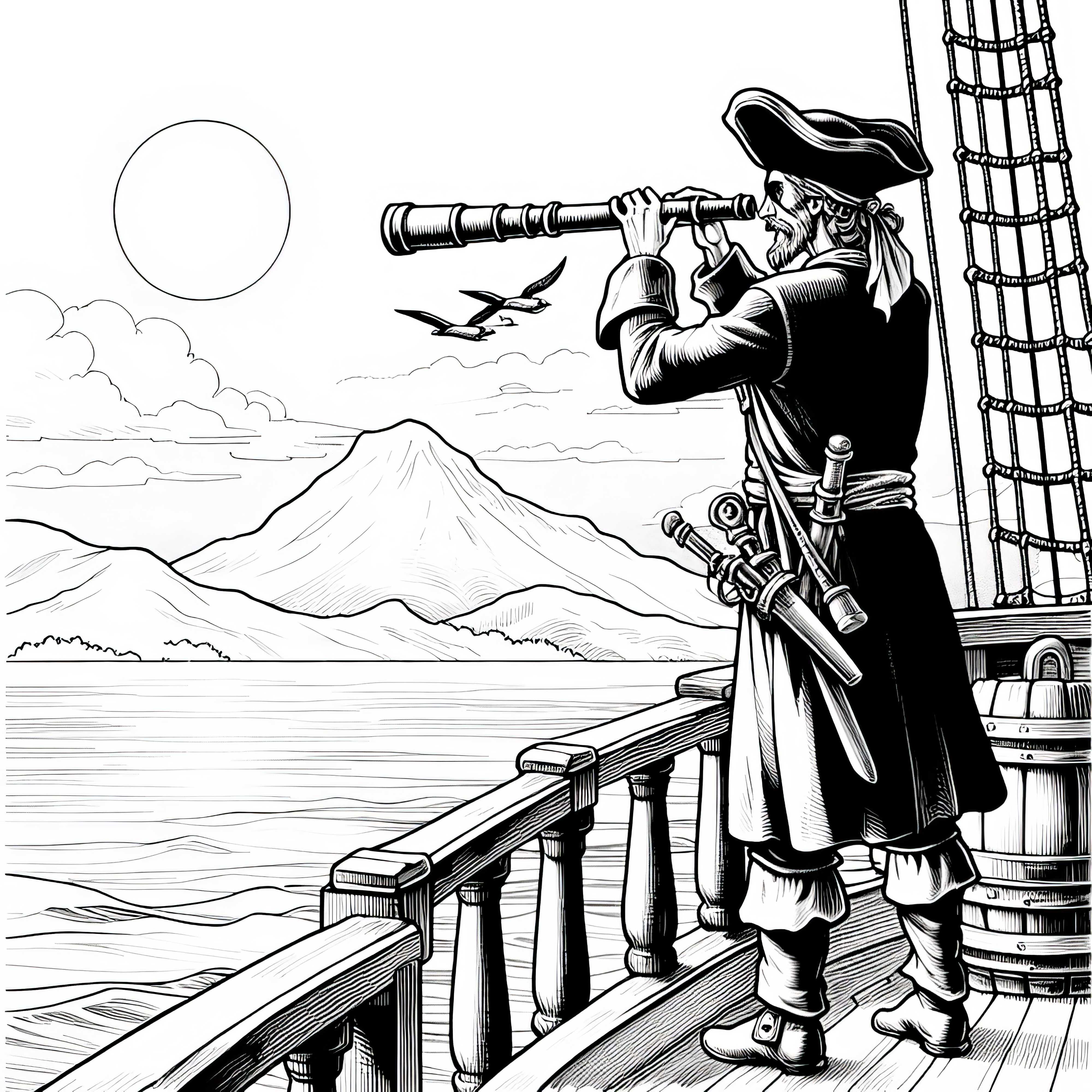 Un pirata si trova su una nave con un telescopio e cerca un'isola come pagina da colorare (gratis)