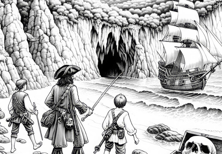 Piraten entdecken geheimnisvolle Höhle auf Insel: Ausmalbild zum Download (Gratis) Piraten entdecken geheimnisvolle Höhle auf Insel: Ausmalbild zum Download (Gratis)