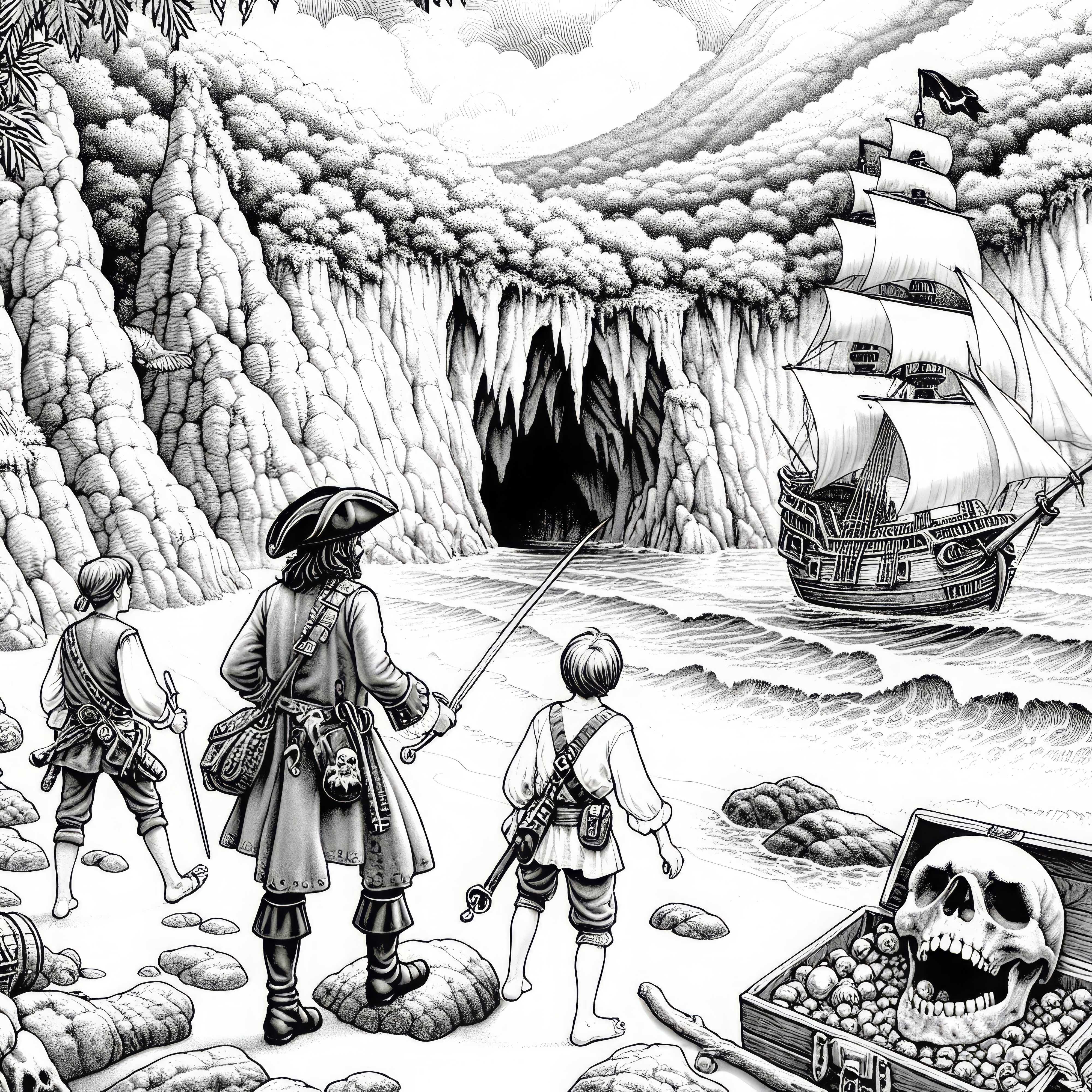 Piraten entdecken geheimnisvolle Höhle auf Insel: Ausmalbild zum Download (Gratis)