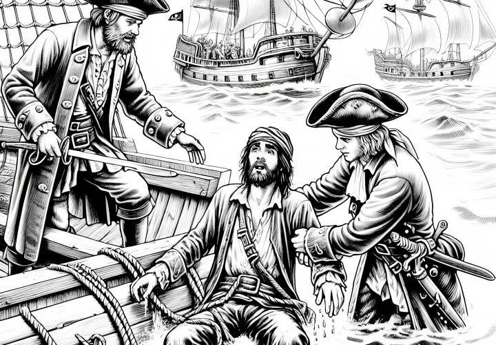 Piráti zachraňujú stroskotancov z mora: podrobná omaľovánka (zadarmo)