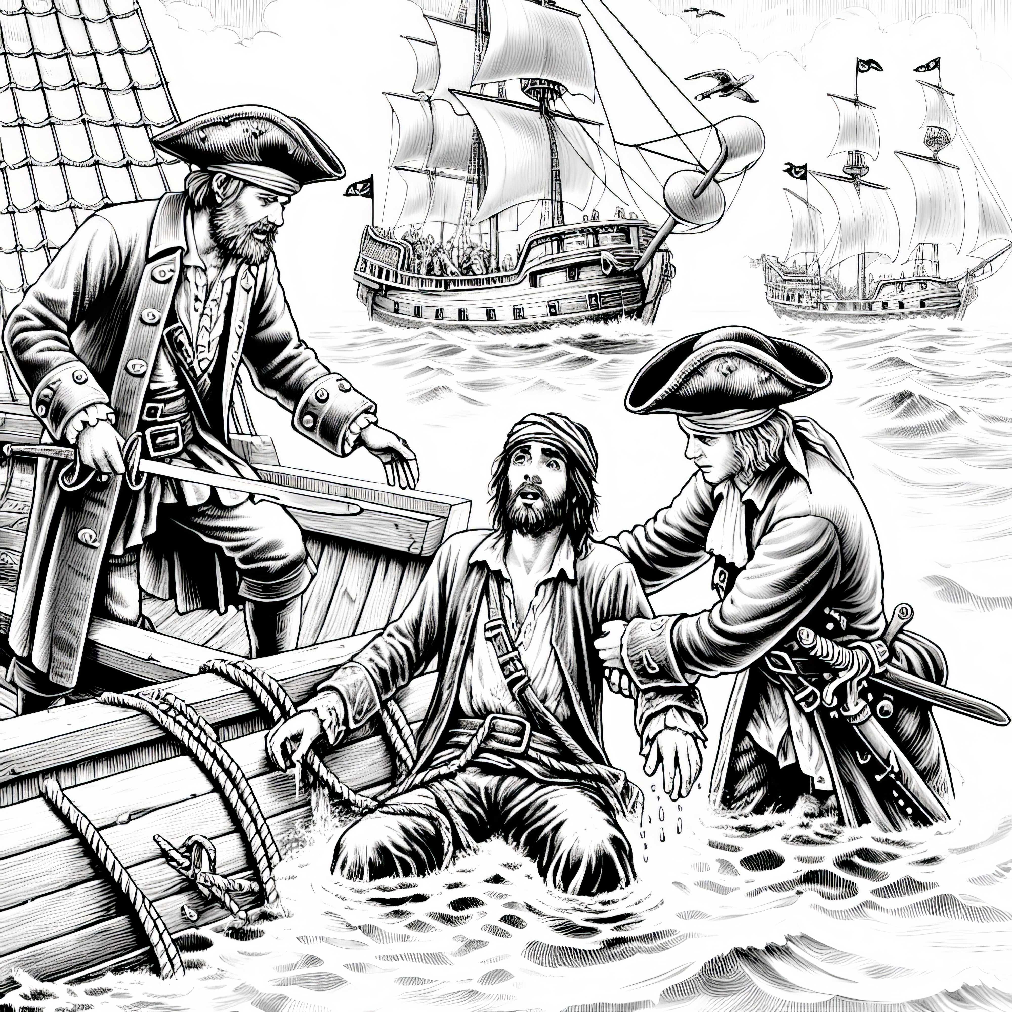 Piraten retten Schiffbrüchige aus dem Meer: Detailreiche Malvorlage (Gratis)