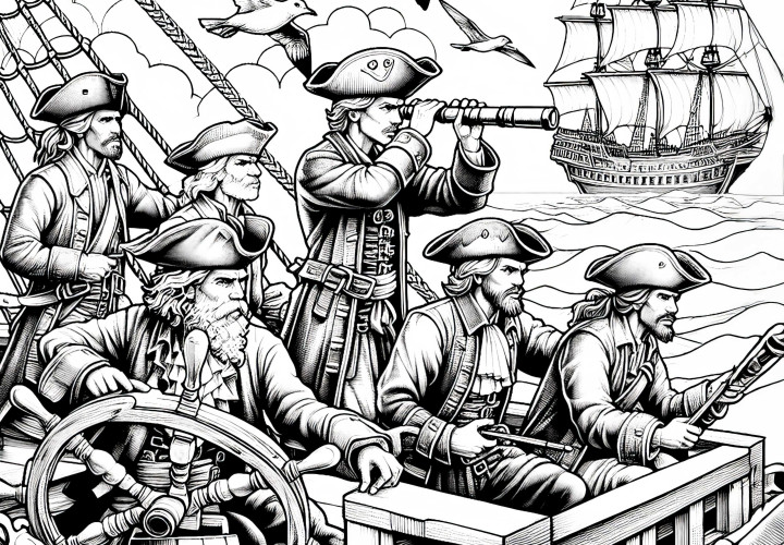 Piraten beobachten feindliches Schiff durch Fernrohr: Detaillierte Malvorlage (Gratis) Piraten beobachten feindliches Schiff durch Fernrohr: Detaillierte Malvorlage (Gratis)