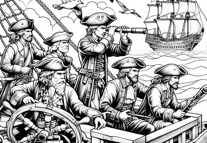 Piráti pozorujú nepriateľskú loď cez ďalekohľad: podrobná omaľovánka (zadarmo)