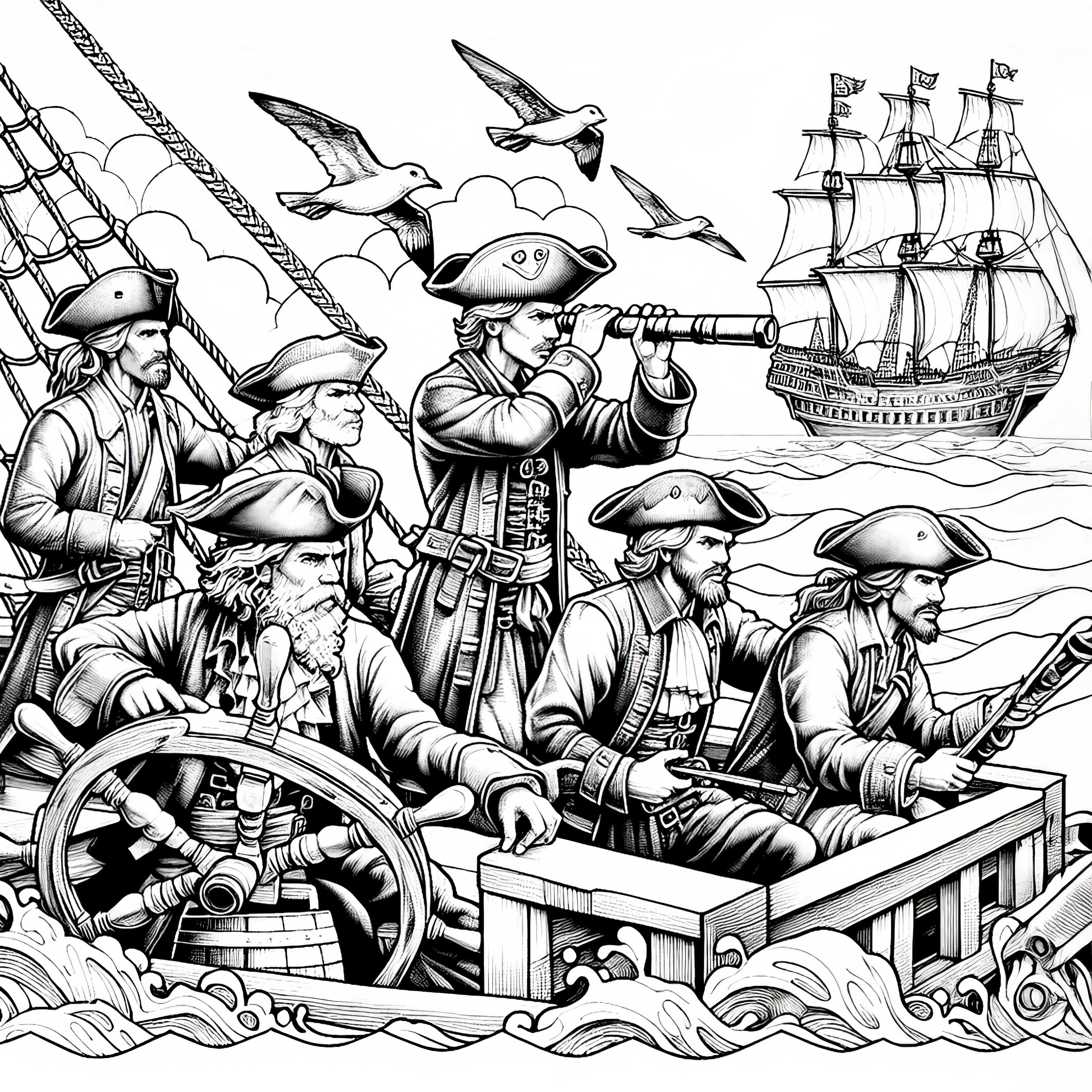 Piraten beobachten feindliches Schiff durch Fernrohr: Detaillierte Malvorlage (Gratis)