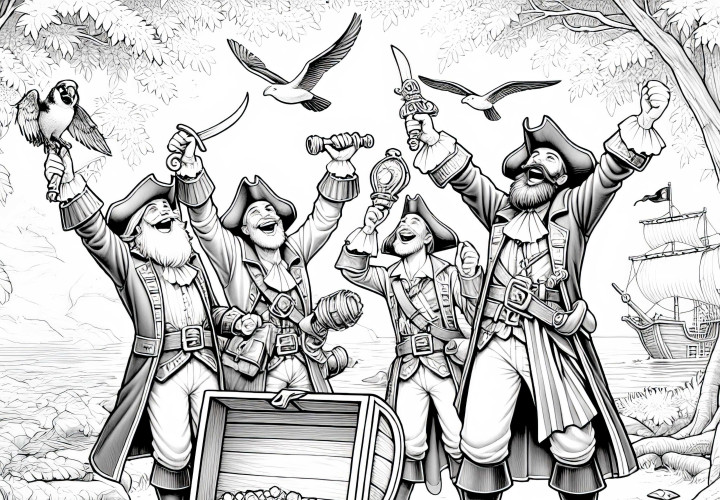 Piraten feiern Schatztruhe voller Juwelen: Ausmalbild zum Download (Kostenlos) Piraten feiern Schatztruhe voller Juwelen: Ausmalbild zum Download (Kostenlos)