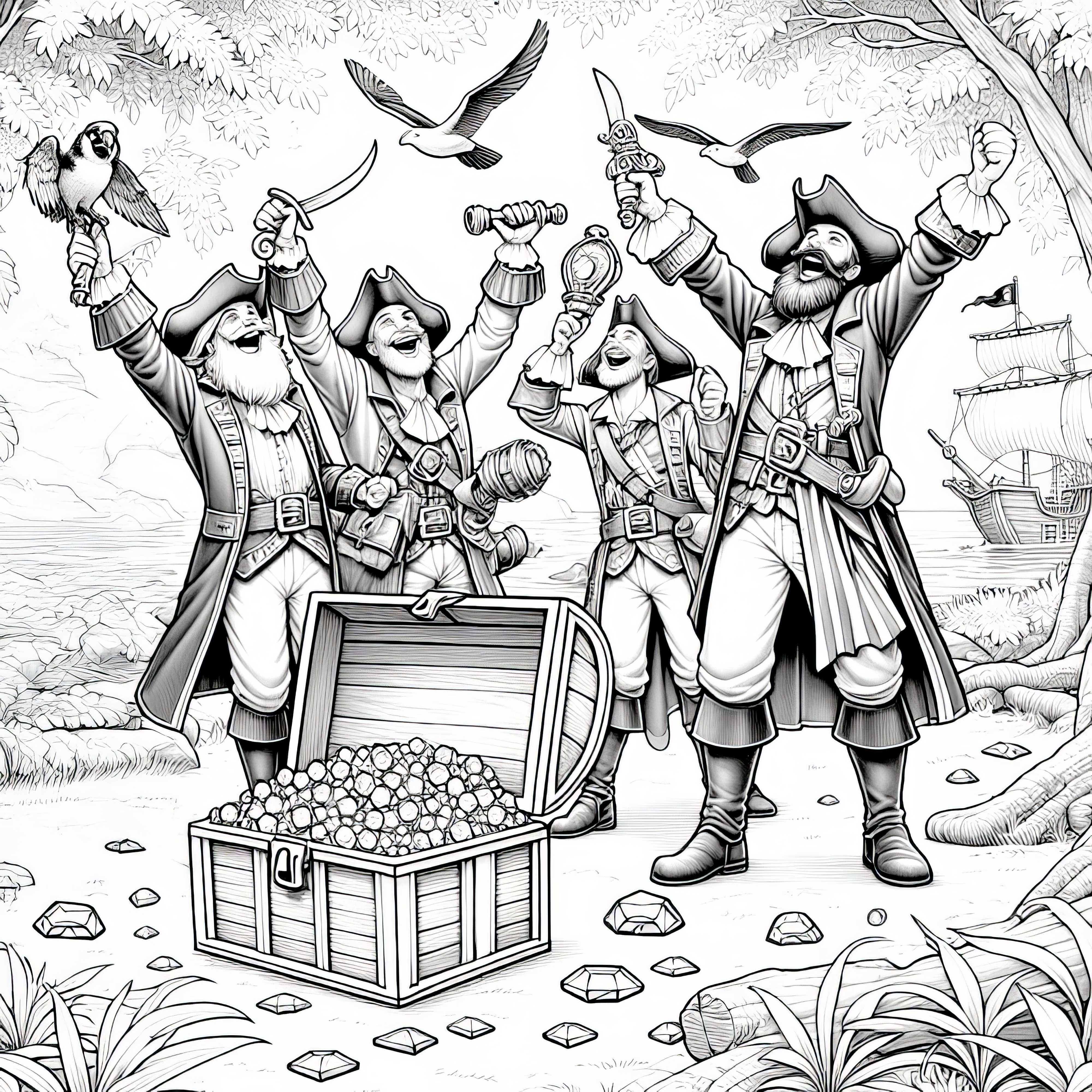 Piraten feiern Schatztruhe voller Juwelen: Ausmalbild zum Download (Kostenlos)