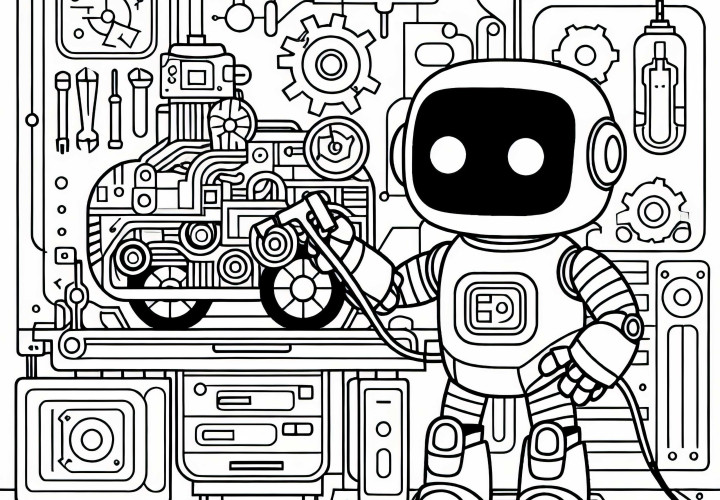 Robot reparerar defekt maskin i futuristisk verkstad: Målarbild för nedladdning (gratis) Robot reparerar trasig maskin i en futuristisk verkstad: Färgläggningsbild för nedladdning (gratis)