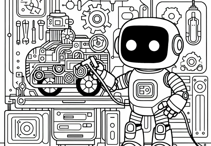 Robot reparerar trasig maskin i en futuristisk verkstad: Färgläggningsbild för nedladdning (gratis)