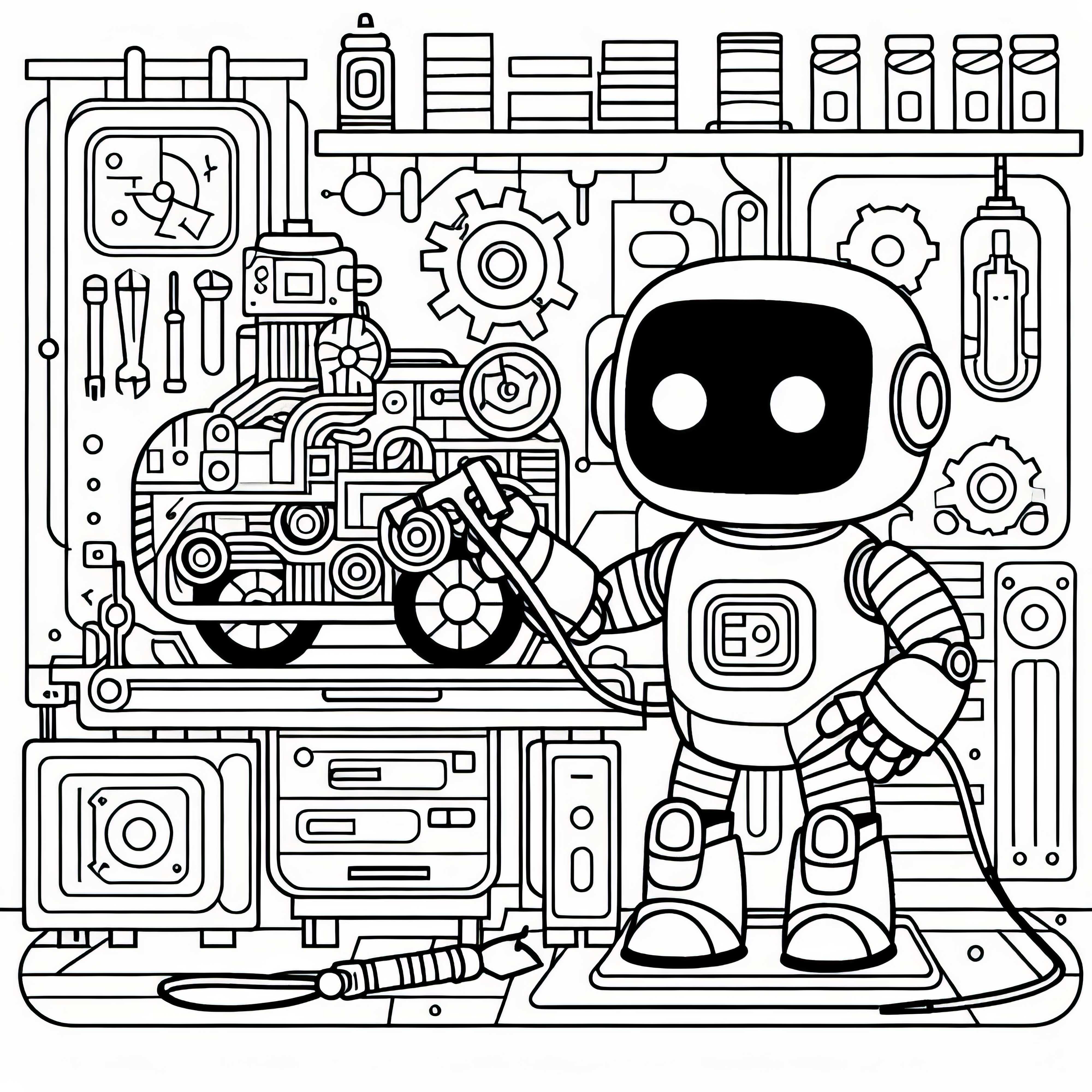 Robot repară o mașină defectă într-un atelier futurist: imagine de colorat pentru descărcare (gratuit)