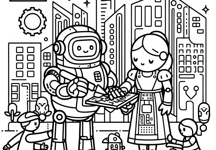 Robot ajută oamenii la construirea unui oraș într-o lume SF – planșă de colorat (gratuit) Robotul îi ajută pe oameni să construiască un oraș într-o lume SF – planșă de colorat (gratuit)