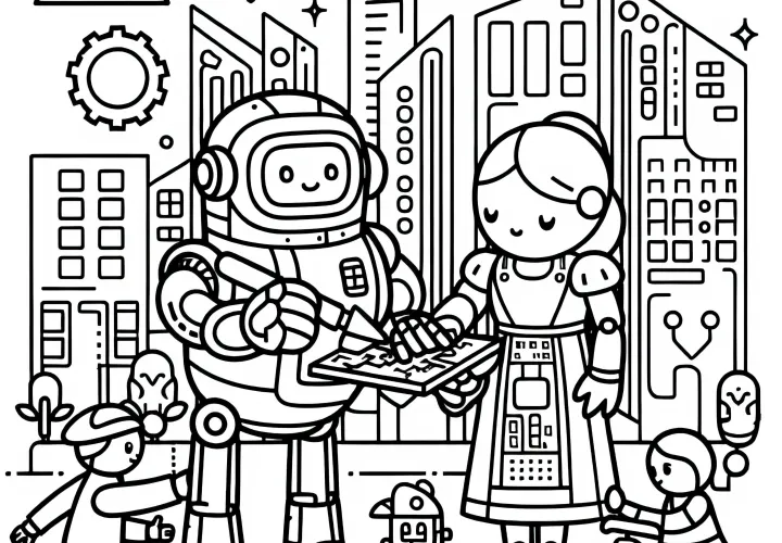 Robot hjälper människor att bygga en stad i en sci-fi-värld – färgläggningsbild (gratis)