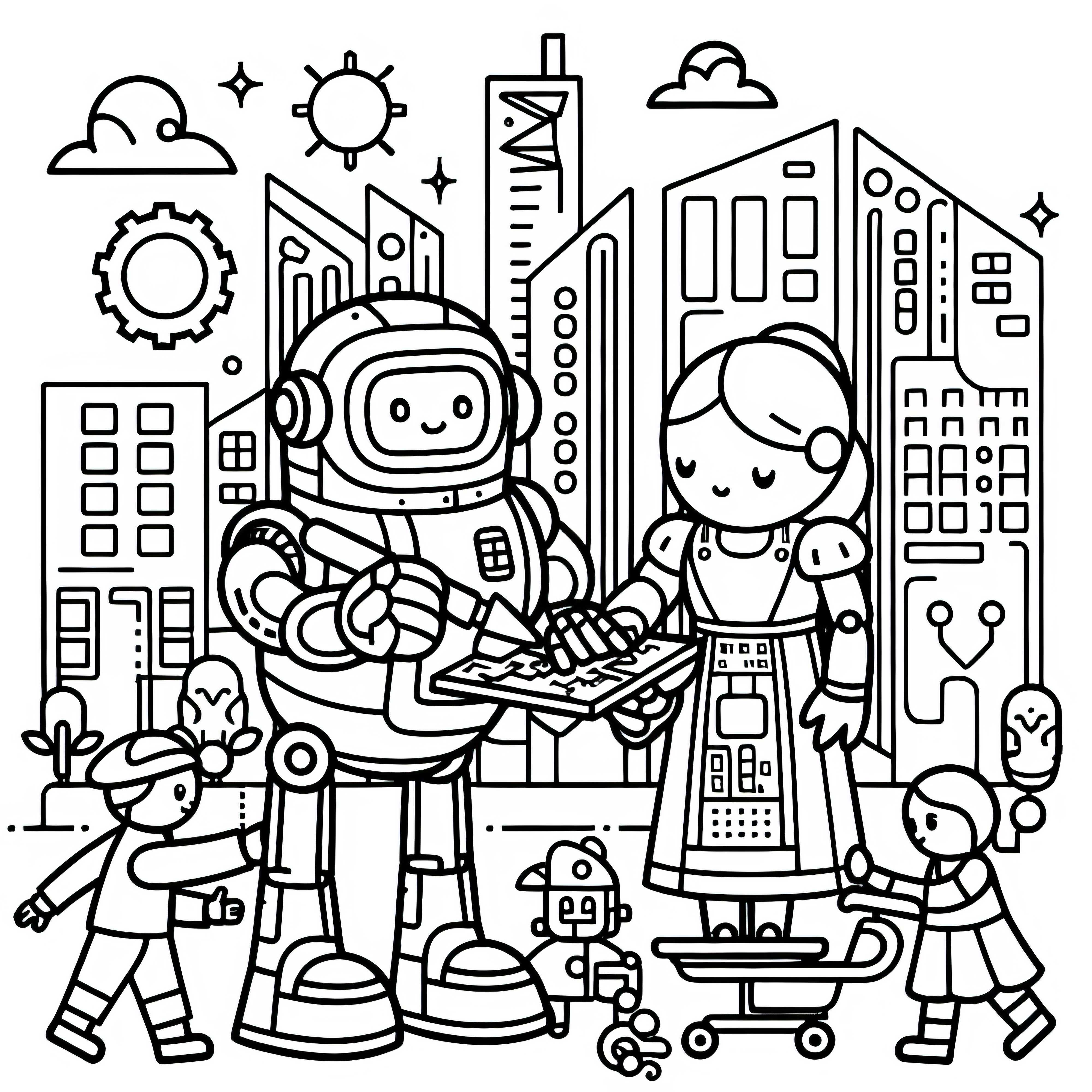 Robot ajută oamenii să construiască un oraș într-o lume SF ca planșă de colorat (gratuit)