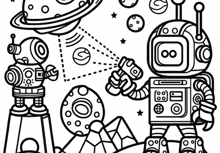 Robot utforskar en främmande planet med sensorer och verktyg: Enkel färgläggningsmall (Gratis) En robot utforskar en främmande planet med sensorer och verktyg: Enkel målarbild (gratis)