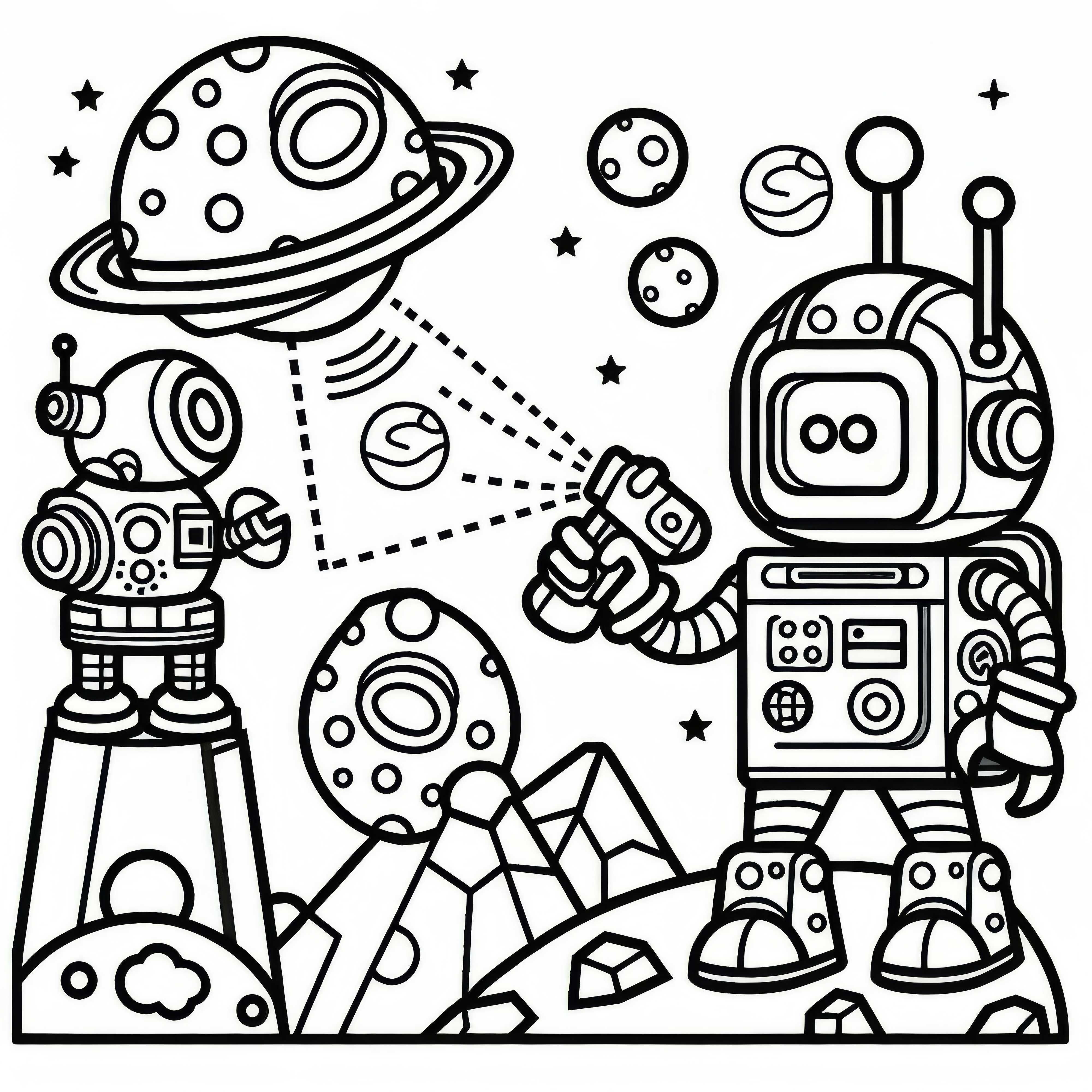 Robot esplora un pianeta alieno con sensori e strumenti: semplice pagina da colorare (gratuita)