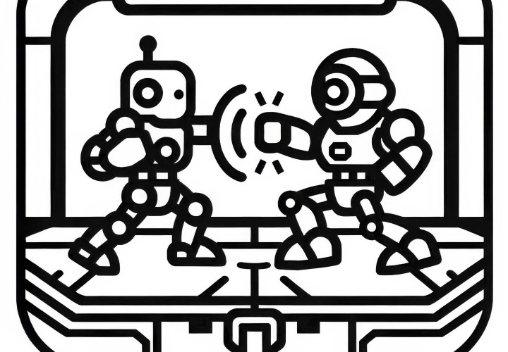 Två robotar kämpar i en högteknologisk arena: Enkel färgläggningsbild (Gratis) Två robotar slåss i en högteknologisk arena: Enkel färgläggningsbild (gratis)