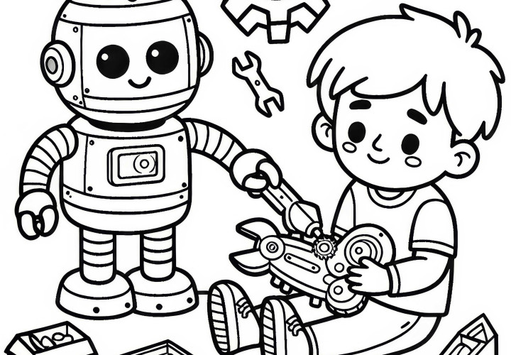 Il robot aiuta il bambino a riparare un giocattolo rotto: disegno da colorare da scaricare (gratuito) Il robot aiuta un bambino a riparare un giocattolo rotto: disegno da colorare da scaricare (gratis)