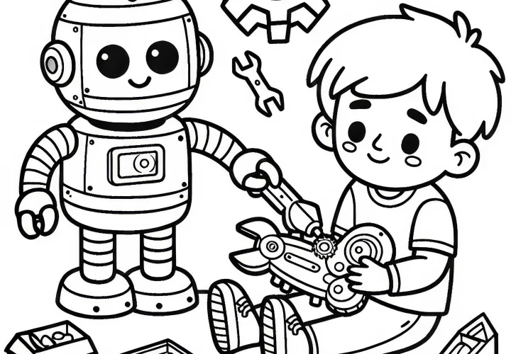 Robot hjälper ett barn att reparera en trasig leksak: målarbild för nedladdning (gratis)