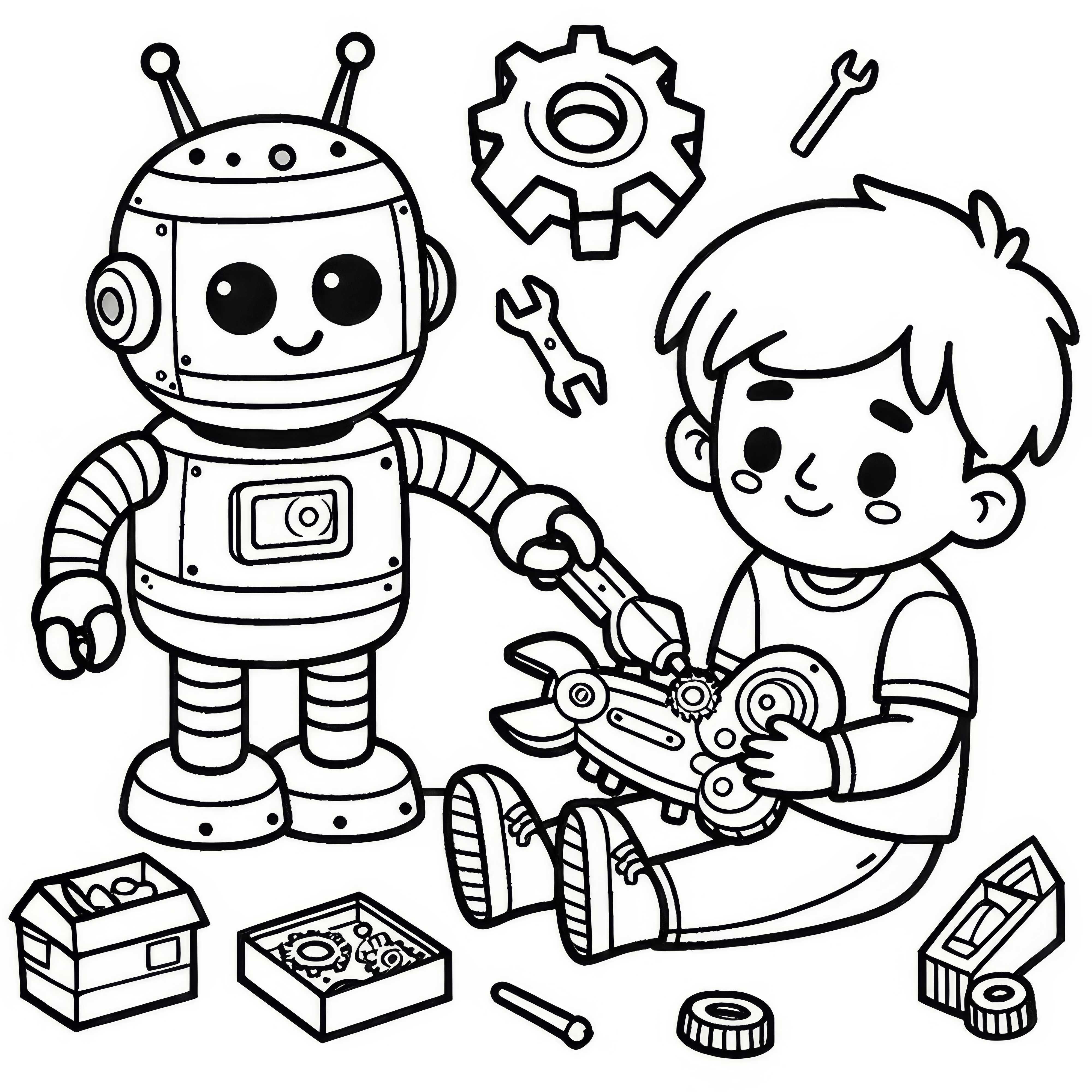Il robot aiuta un bambino a riparare un giocattolo difettoso: disegno da colorare da scaricare (gratuito)