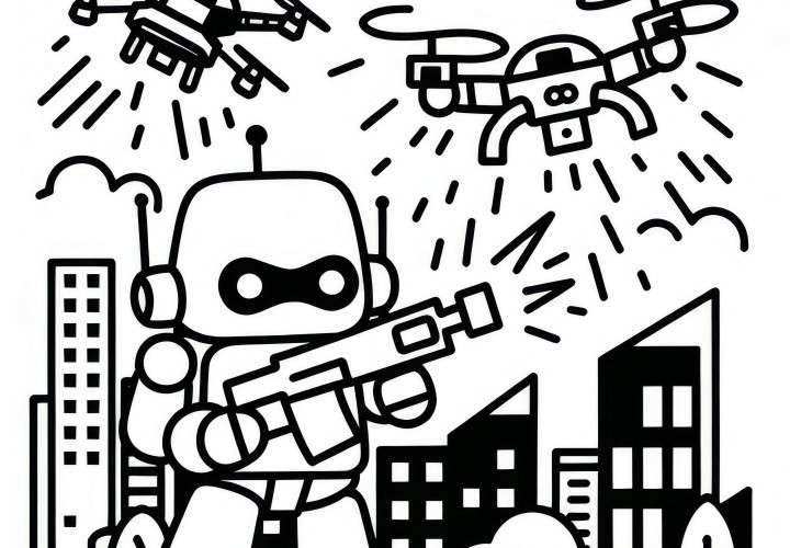 Robot lucha contra drones que atacan la ciudad: dibujo para colorear sencillo (gratis) Robot lucha contra drones que atacan la ciudad: dibujo sencillo para colorear (gratis)